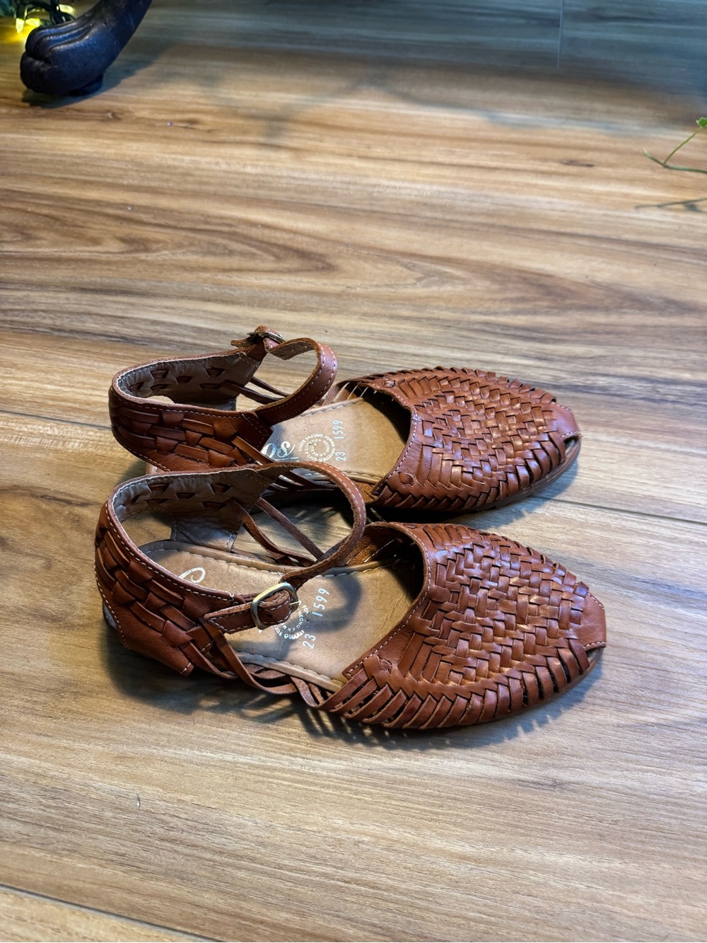 Braided Leather Ankle-Strap Huarache Sandals in Brown